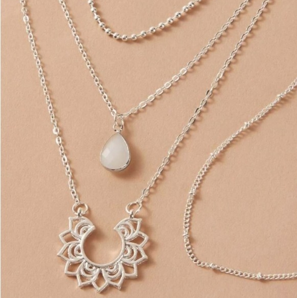 NEW Silver 2 pc Layered Lotus Water Drop Necklace - Picture 3 of 8